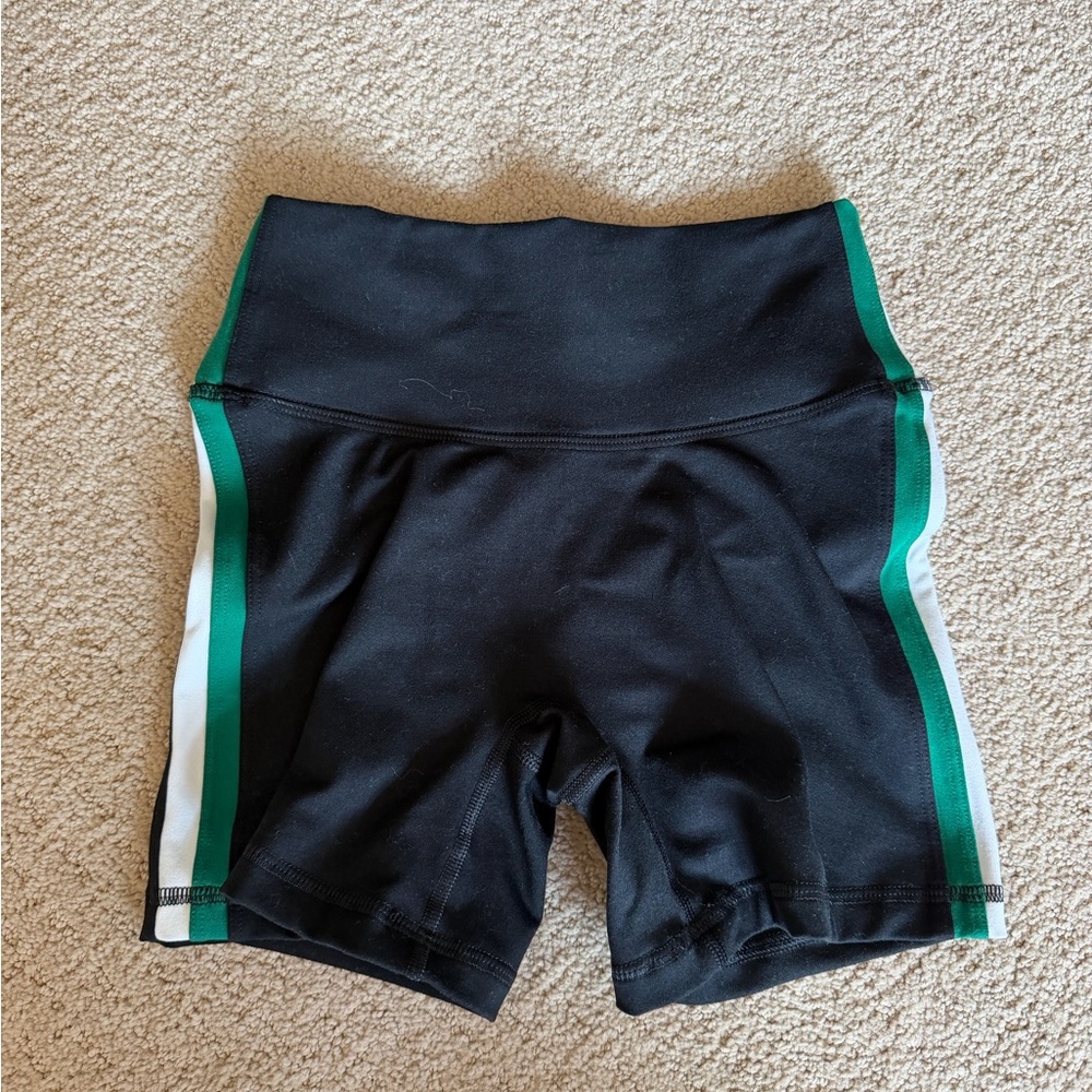 Fleo Black High-Waist Bike Shorts with Green & White Side Stripes